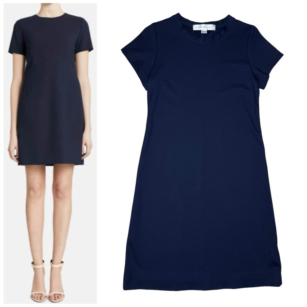 Lesley Evers Shift Dress Crew Neck T Shirt Dress Mini Size M Navy Made In USA